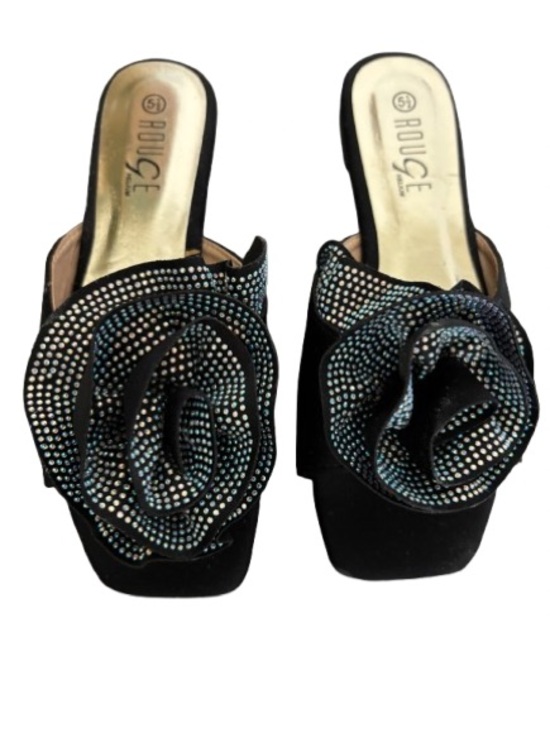 Rouge Helium Shoes - Rouge Helium Black Slide Mules with Crystal Rose Appliqués - EUC